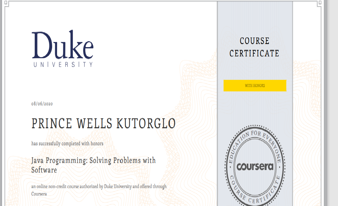 Certificate from Duke University via Cousera